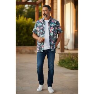 American Heritage Button Down Shirt Mens Large Gray Floral Slim Fit Short Sleeve
